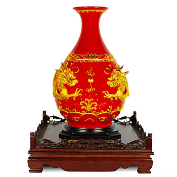 中国名牌 怀泉陶瓷 红瓷摆件32cm玉壶春(双龙抢珠)