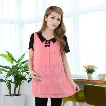 悦伊祺 孕妇装夏装翻领孕妇上衣圆点雪纺短袖t恤休闲大码女装淑女上衣
