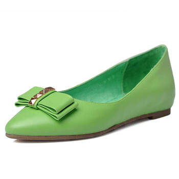单鞋丽人牛筋底平跟妈妈鞋豆豆鞋蝴蝶结平底鞋真皮女鞋c686006 绿色