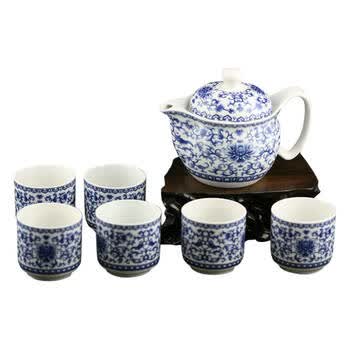瑞恒逸品茶具景德镇青花瓷缠枝莲七件套 一壶六杯 造型古朴 做工精细