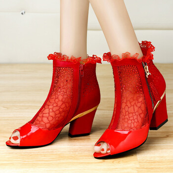 新款春夏真皮女鞋女凉鞋水钻粗跟蕾丝优雅鱼嘴鞋古奇天伦7935 红色 35