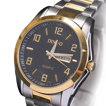 谛诺dinuo石英表简约男表 防水双日历商务钢带手表8029 间金黑盘男款
