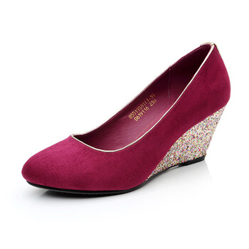 欧美浅口磨砂面高跟鞋 坡跟单鞋 女 85519381 酒红色 38