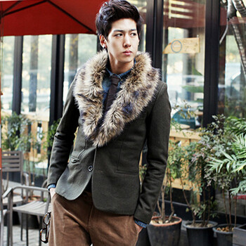 货到付款 秋冬季男装毛领小西服 韩版高贵气质帅气小西装外套潮 男士