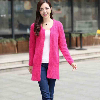 秋装新款显瘦长毛加厚开衫毛衣外套开衫针织衫xdrl1018 玫红色 均码