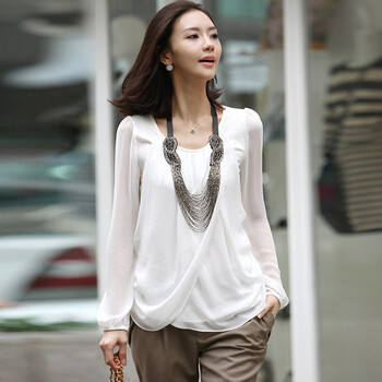 亚瑟魔衣2014秋装韩版气质雪纺加牛奶丝长袖雪纺衫464 白色 l