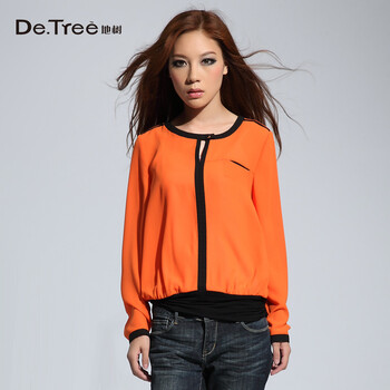 detree地树 2013新款女装韩版撞色拼接雪纺衫长袖打底衫潮2330501
