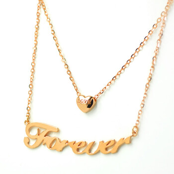 雅凝珠宝 forever永远红18k金心形双层字母锁骨链韩版玫瑰金项链彩金
