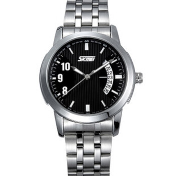 时刻美/skmei 男士时尚商务日石英表 皮带防水学生手表0955 钢带黑面