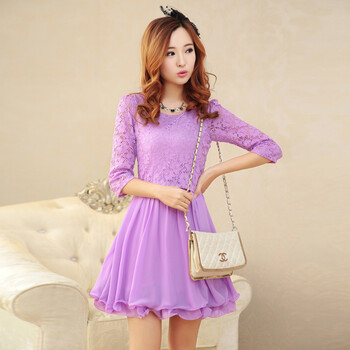 傲然雪女装2014春装新款 韩版修身圆领蕾丝拼接中袖春季连衣裙子 白色