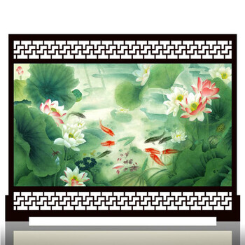 
                                        定制胡桃木雕花屏风中式改善风水客厅餐厅隔断 九鲤戏荷 半透屏风                