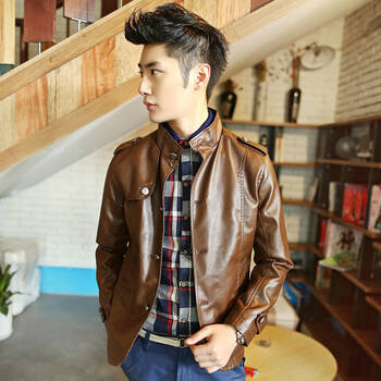 杉男装 2013秋冬装新款 男士秋冬简约立领皮衣 修身潮男皮装皮衣 棕色