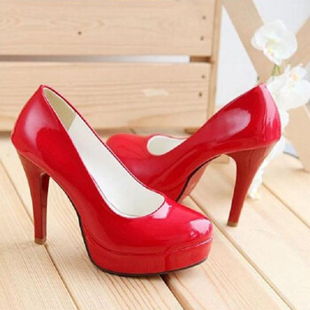 韩版浅口圆头细跟高跟鞋漆皮防水台时尚套脚单鞋高贵时尚女鞋 红色 37
