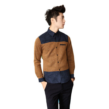 青杉服饰男装 2013春装新款 麂皮绒毛线日韩个性 男士长袖衬衫 棕色