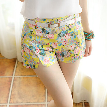 麦潮2014夏装新款大码修身清新碎花开叉短裤热裤女dk8118 黄色 xl