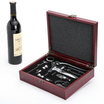 品和 葡萄酒红酒开瓶器 瓶塞倒酒器木盒九件套 酒具套装 礼品皮盒 木盒