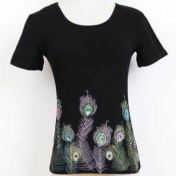 蝶恋 夏装新款女装 民族风孔雀刺绣图案短袖t恤 20558 黑色 均码