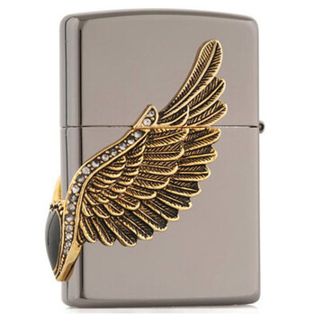 zippo打火机 三面环绕侧徽章 黑冰镶钻徽章 爱之翼love-wings