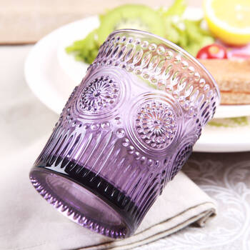 > [flower tumbler]6个美式紫色玻璃杯 浮雕马克杯威士忌柠檬水300ml