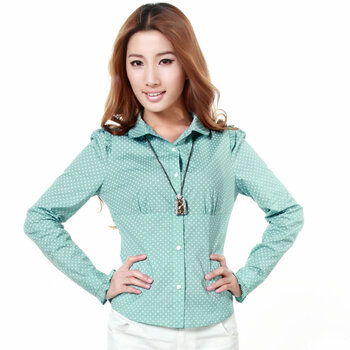 易菲秋装正品 女装上衣 时尚修身长袖纯棉波点衬衫女大码dla2006 绿底