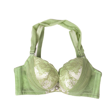 浪漫春天内衣新款挂脖薄网纱蕾丝性感中厚a杯文胸2114407a 绿色 70a