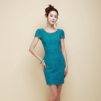 奢侈皇后luxyqueen孔雀绿重磅纯棉蕾丝露后背性感酒会礼服2061 孔雀