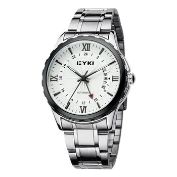 艾奇eyki全自动机械手表男士表防水钢带女士时尚多功能单日历腕表 银