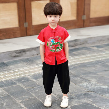 奴迦辞儿童唐装男童夏装宝宝汉服中国风男孩夏季套装民族国风薄款帅气