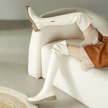 qitata他她长靴女瘦腿弹力靴2023年秋冬新款漆皮长筒过膝靴米色单里34