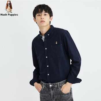 暇步士秋季男士衬衫牛津纺全棉纯棉纯色衬衣长袖宽松修身商务休闲藏青