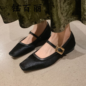 钰百丽女鞋马毛拼接豹纹单鞋女方头平底春夏季时尚网红ins潮玛丽珍鞋