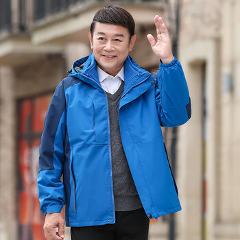 老年男士爸爸冲锋衣三合一加肥加大码外套春秋装中年户外防风夹蓝色xl