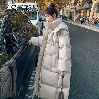 苏彩尼过膝羽绒棉服女2023冬季新款宽松中长款加厚面包服棉衣棉袄外套女 米白色 L