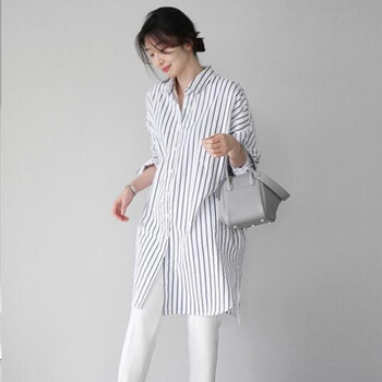 香爱蜜 衬衫女2023春秋新款韩版宽松中长款条纹长袖衬衫女显瘦衬衣外套 黑白条纹 L（120-140斤）