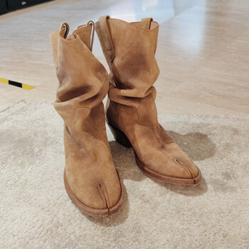 impresswit西部尖头牛仔骑士靴女复古西部牛仔靴女尖头猪蹄分趾靴浅