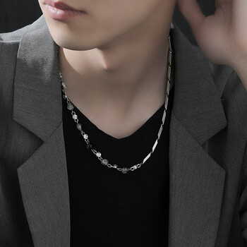 戚小米竹叶项链男潮韩版ins嘻哈钛钢男士水晶拼接锁骨链吊坠简约时尚