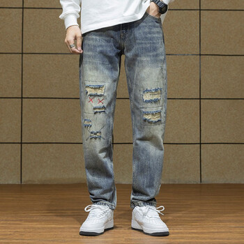 依郎酷破洞牛仔裤男宽松直筒大码阔腿裤男士刺绣春秋款休闲男生长裤子