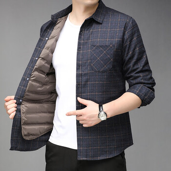 劲霸男士脱卸衬衫格子加厚冬装新款中青年保暖商务休闲衬衫潮牌藏青