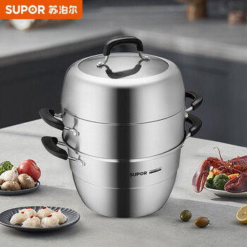 苏泊尔supor巧易取不串味三层304不锈钢蒸锅28cm燃气电磁炉通用多层大