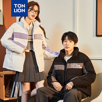 唐狮冬季新款情侣装羽绒服男女加厚立领面包服保暖拼接撞色外套 男款黑色 L