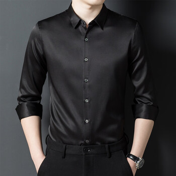轻奢重磅真丝男士衬衫长袖桑蚕丝衫衣休闲丝绸缎男装纯色黑色17048