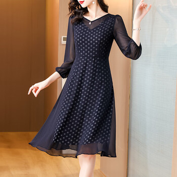 wvzw雪纺连衣裙女2024春夏新款贵夫人洋气质中老年女装妈妈裙子藏蓝色