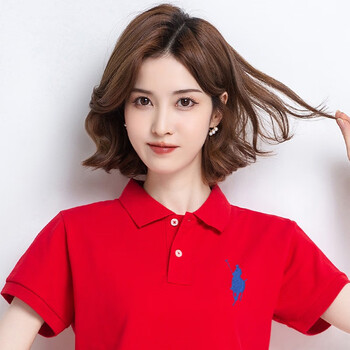 翻领短袖t恤女夏季宽松带领polo衫运动休闲定制t恤工作服文化衫 红色