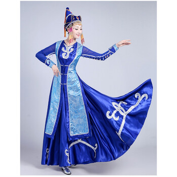 陈宣善舞蹈服装少数民族舞表演服蒙古族大摆裙袍女演出服装新款蓝色m