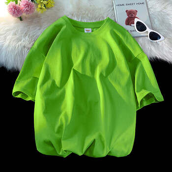 重磅纯棉短袖t恤男春夏季新款纯白不透男女情侣体恤宽松上衣 荧光绿 l