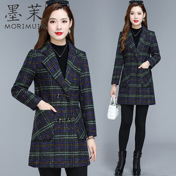 墨茉（MORIMUIR）秋冬季新款短外套女士毛呢大衣加厚夹羽丝棉服中长款长袖中年宽松 绿色-不夹棉 XL(105斤以内)