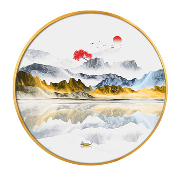 致屿新中式餐厅玄关装饰画轻奢晶瓷画壁画客厅挂画大气山水风景画圆形