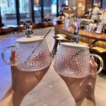 雾枫收纳用品小熊马克杯带盖勺ins高颜值可爱锤纹玻璃杯家用 分隔收纳 300ml*2个装