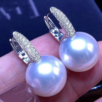 gioio澳白珍珠耳钉澳洲南洋白珠水桶耳环色海水金镶钻石正圆极