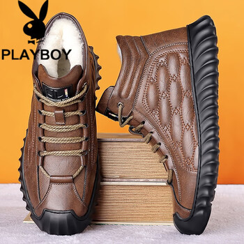 花花公子playboy棉鞋男冬季保暖加绒高帮男鞋防滑皮毛一体男士休闲冬